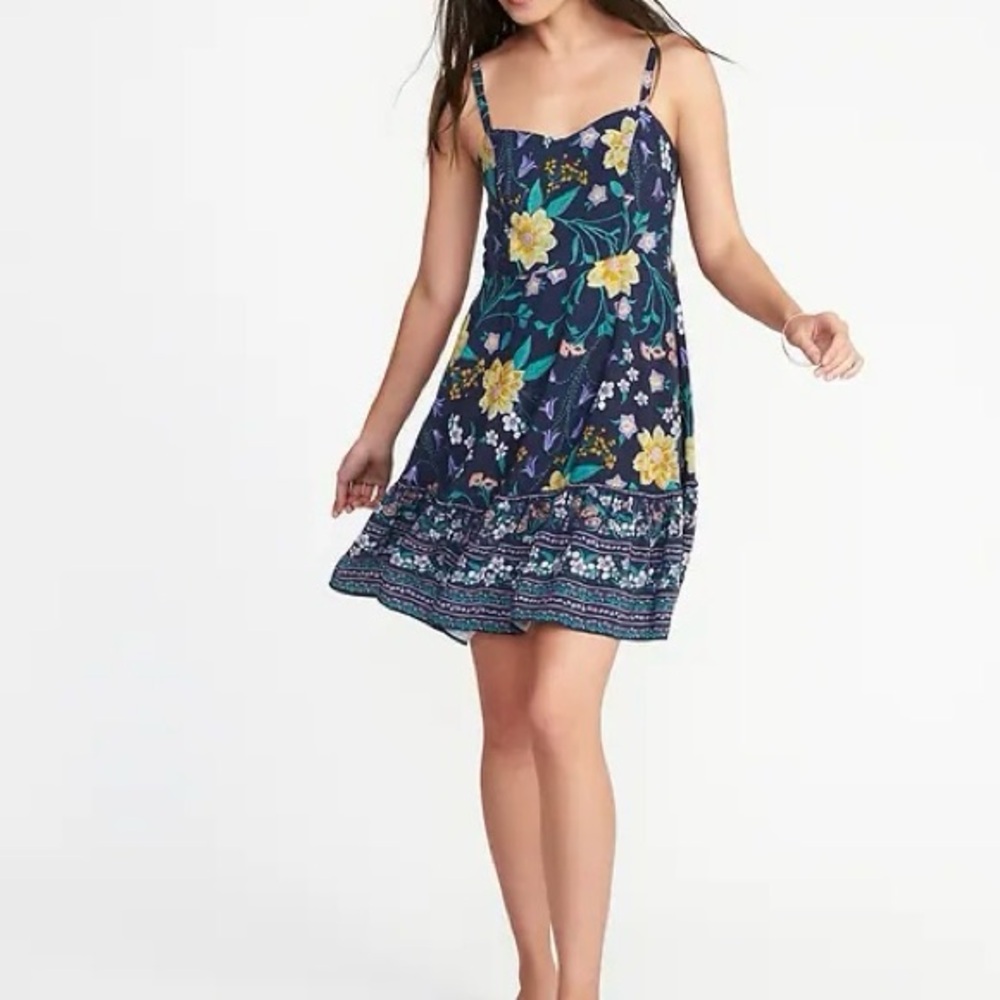 Old Navy Blue Floral Fit & Flare Sweetheart Neckline Spaghetti Strap Midi Dress